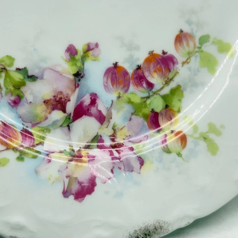 Vintage Porcelain Cake Plate Open Handles Pink White Roses Hand Painted Cottage